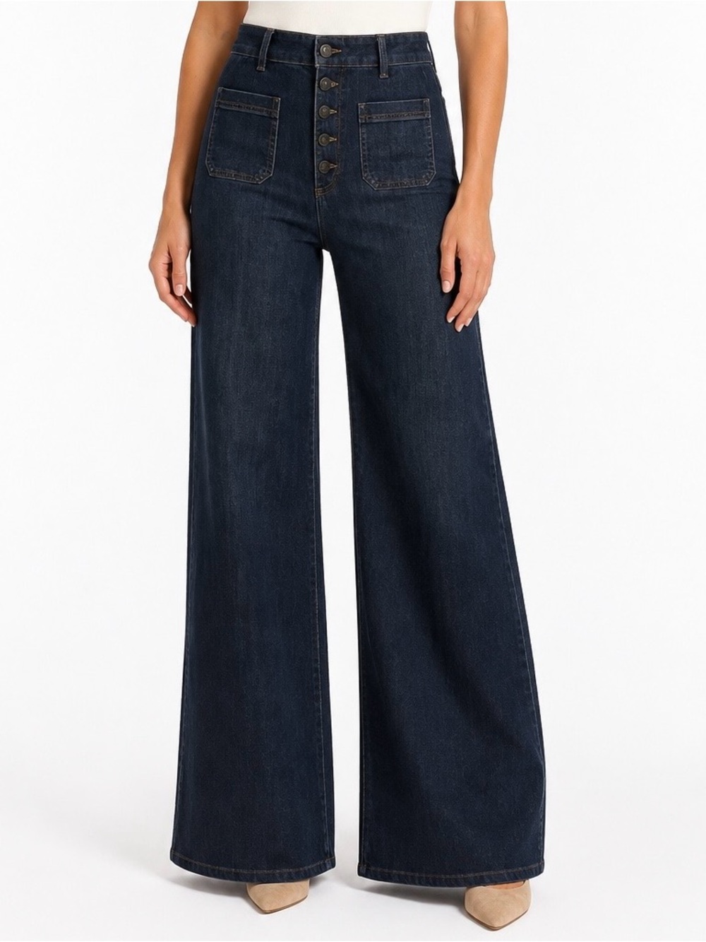 CHAPS Women’s Size 10 Dark Wash High Rise Wide Leg Button Fly Patch Pocket Jeans